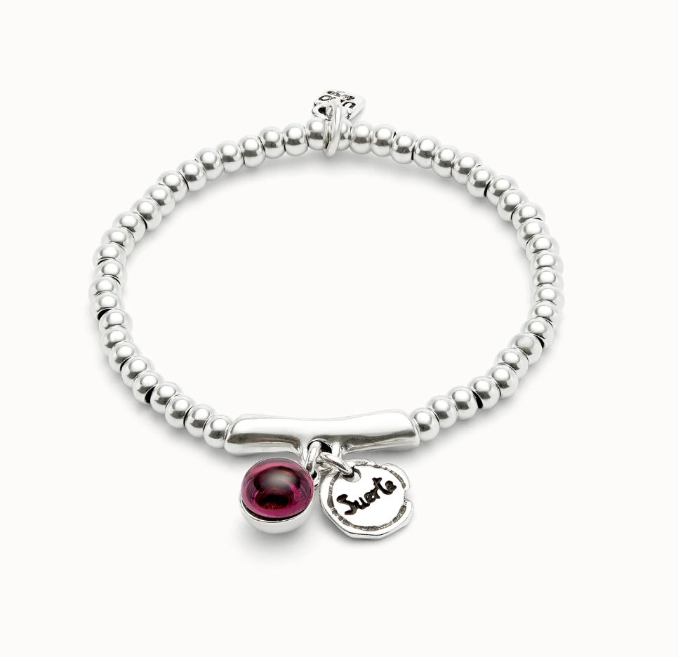 Pulsera bañada en plata de ley, cristal de murano y palabra suerte