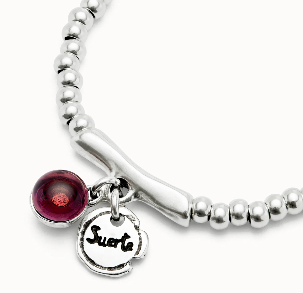 Pulsera bañada en plata de ley, cristal de murano y palabra suerte