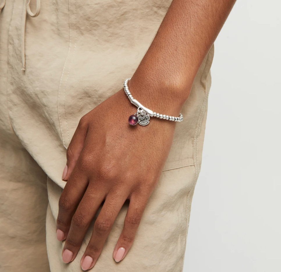 Pulsera bañada en plata de ley, cristal de murano y palabra suerte
