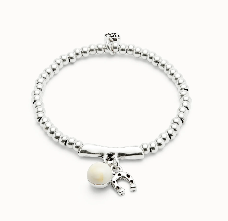 Pulsera bañada en plata de ley y cristal de murano marfil y herradura