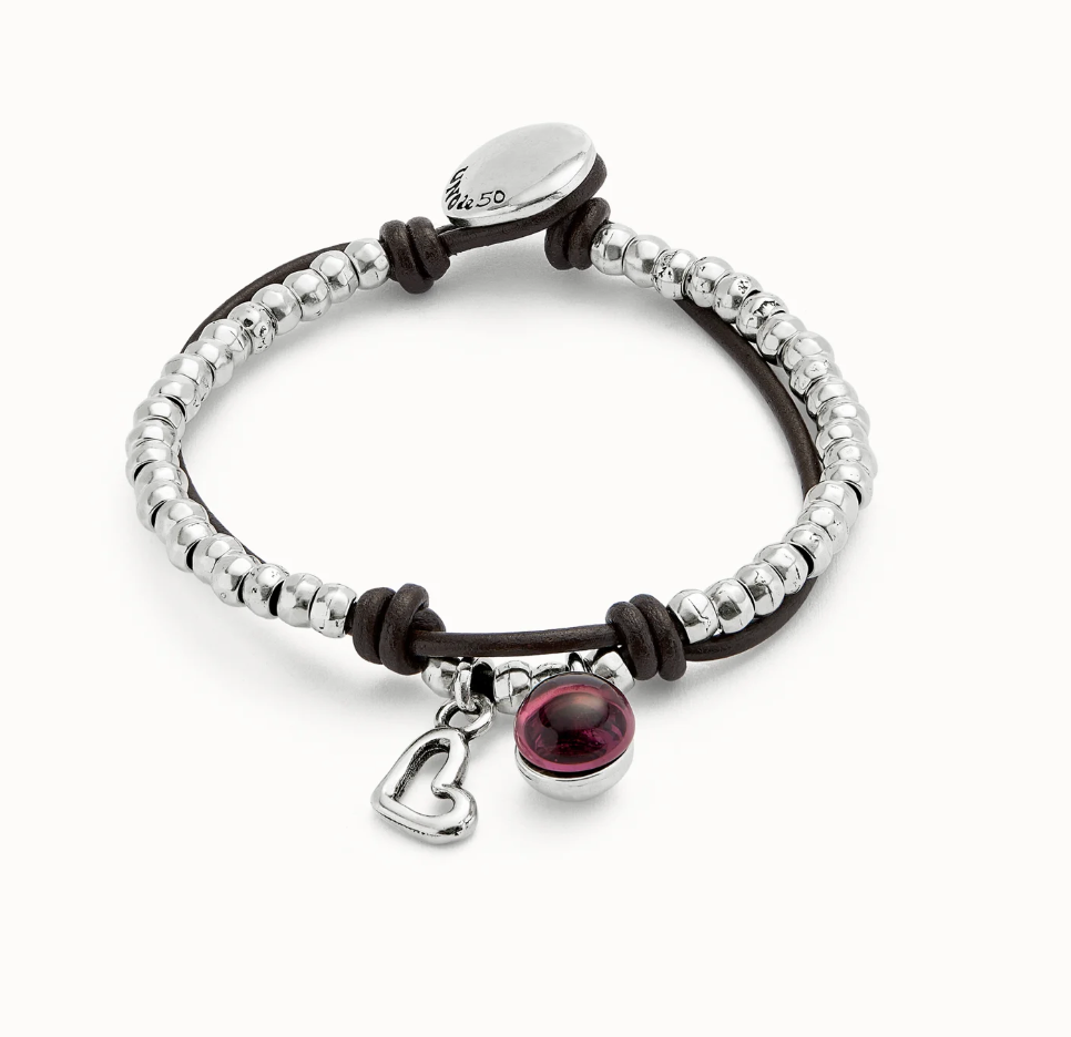 Pulsera bañada en plata de ley con cuero y cristal morado