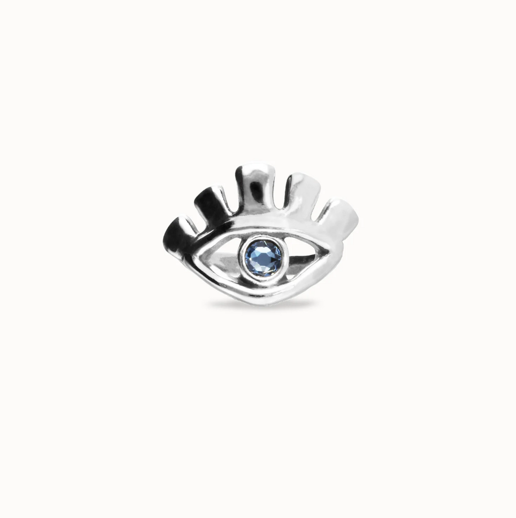 Anillo bañado en plata de ley en forma de ojo con cristal facetado azul TALLA 21