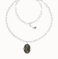 Collar largo bañado en plata con cristal facetado ovalado gris grand
