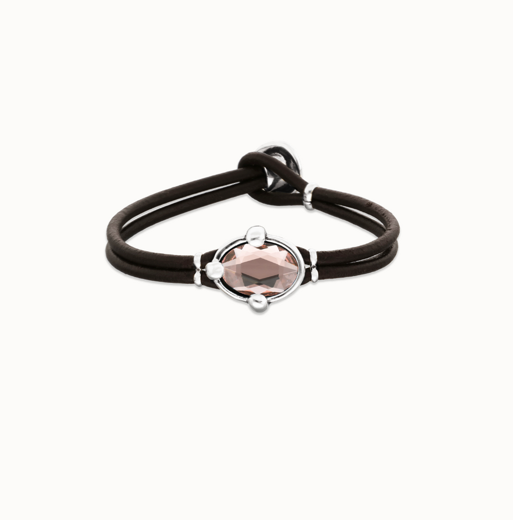 Pulsera de cuero y baño en plata con cristal facetado ovalado rosa