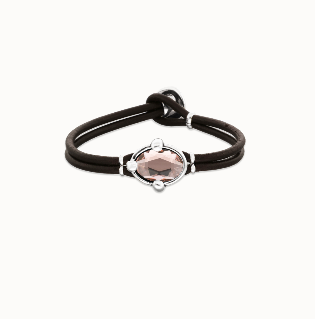 Pulsera de cuero y baño en plata con cristal facetado ovalado rosa