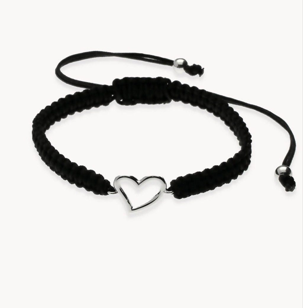 Pulsera corazón macramé negro de plata de ley 925 bañada en rodio