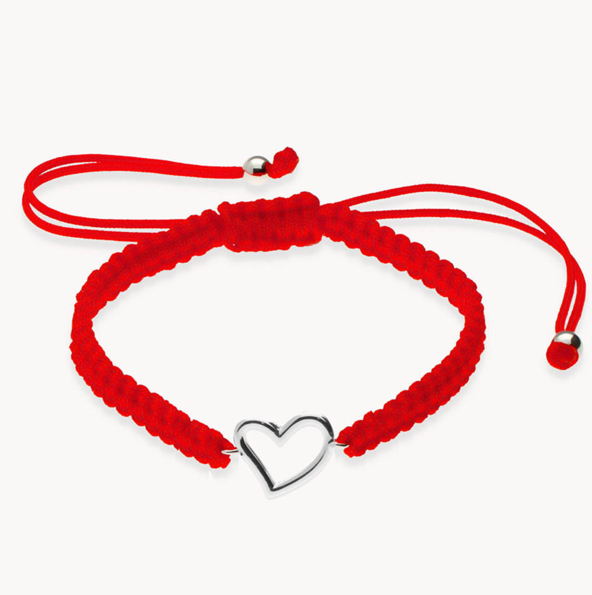 Pulsera corazón macramé rojo de plata de ley 925 bañada en rodio