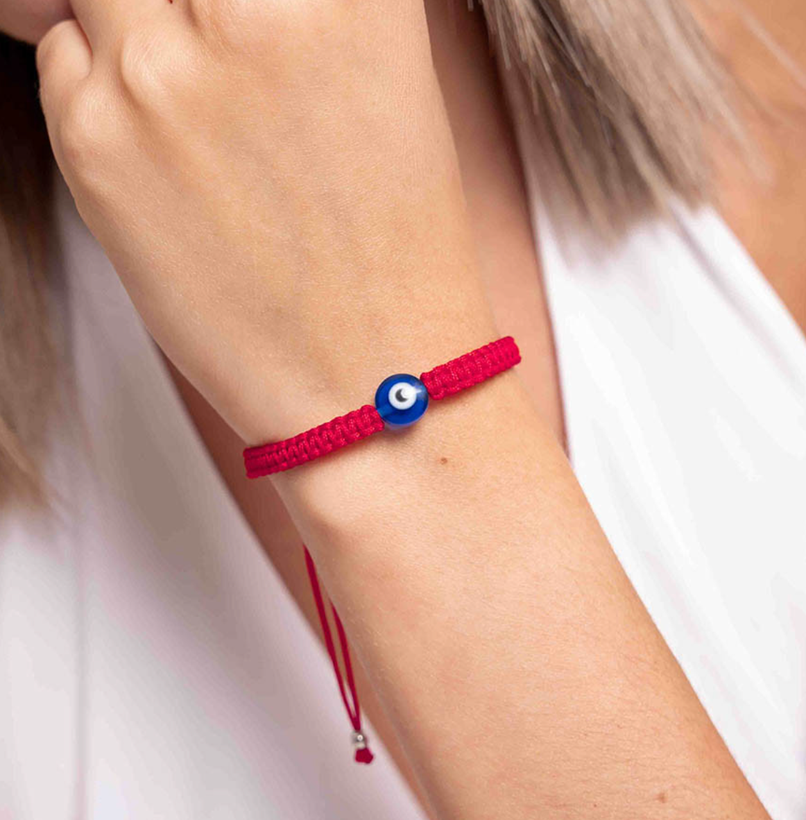 Pulsera ojo turco macramé rojo de plata de ley 925 bañada en rodio