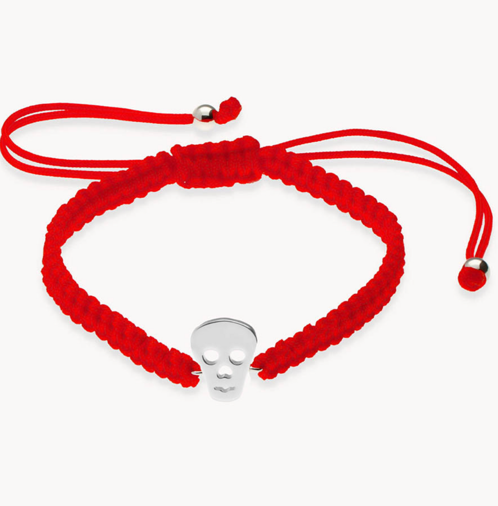 Pulsera calavera macramé rojo de plata de ley 925 bañada en rodio