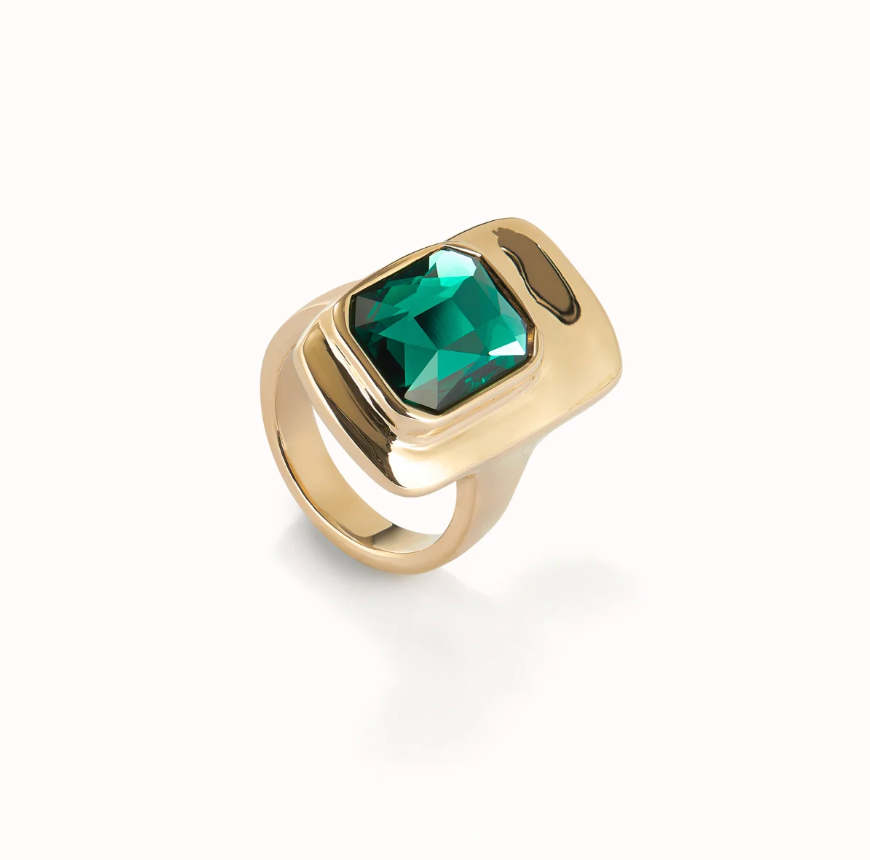 Anillo bañado en oro 18k con cristal verde TALLA 18