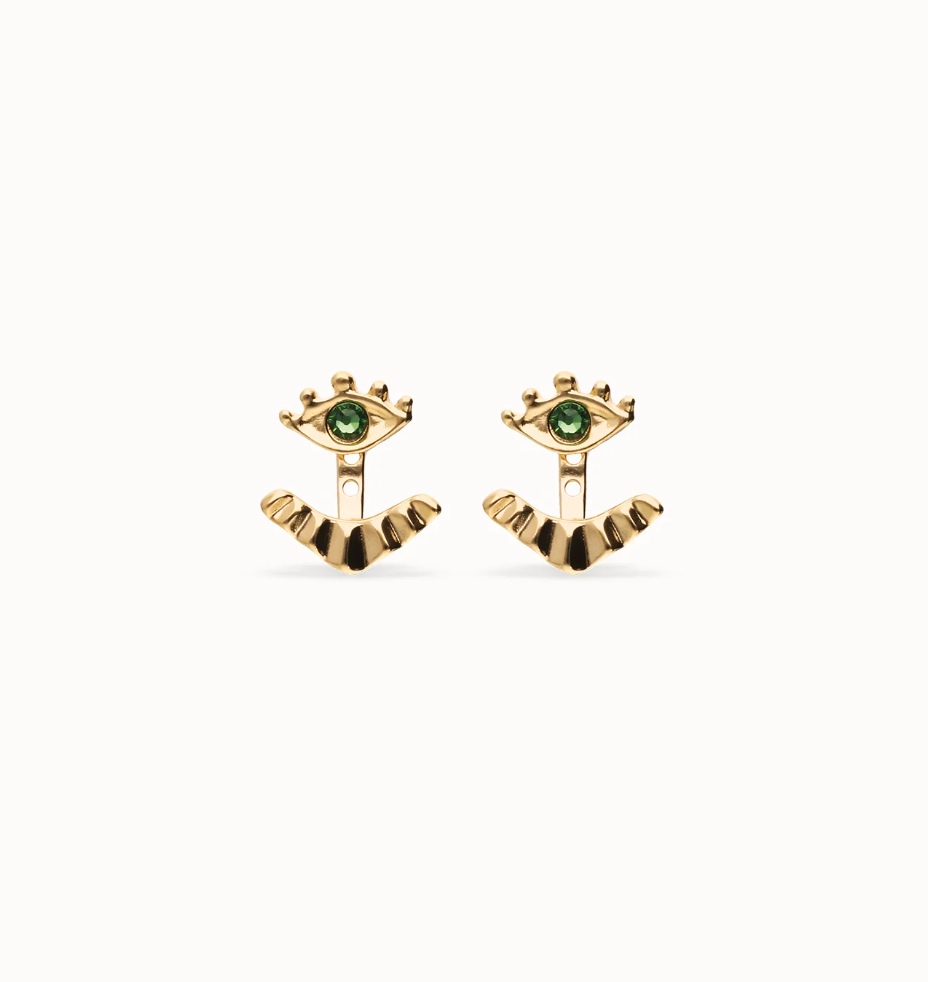 Pendientes bañados en oro 18k en forma de ojo con pestañas y cristal facetado verde