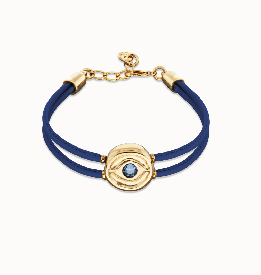 Pulsera doble de cuero azul con ojo bañado en oro 18k