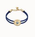 Pulsera doble de cuero azul con ojo bañado en oro 18k