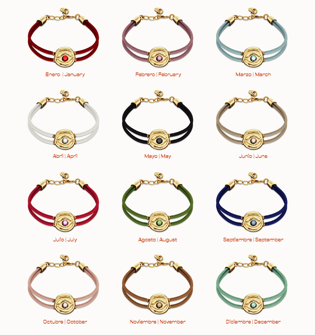 Pulsera doble de cuero azul con ojo bañado en oro 18k