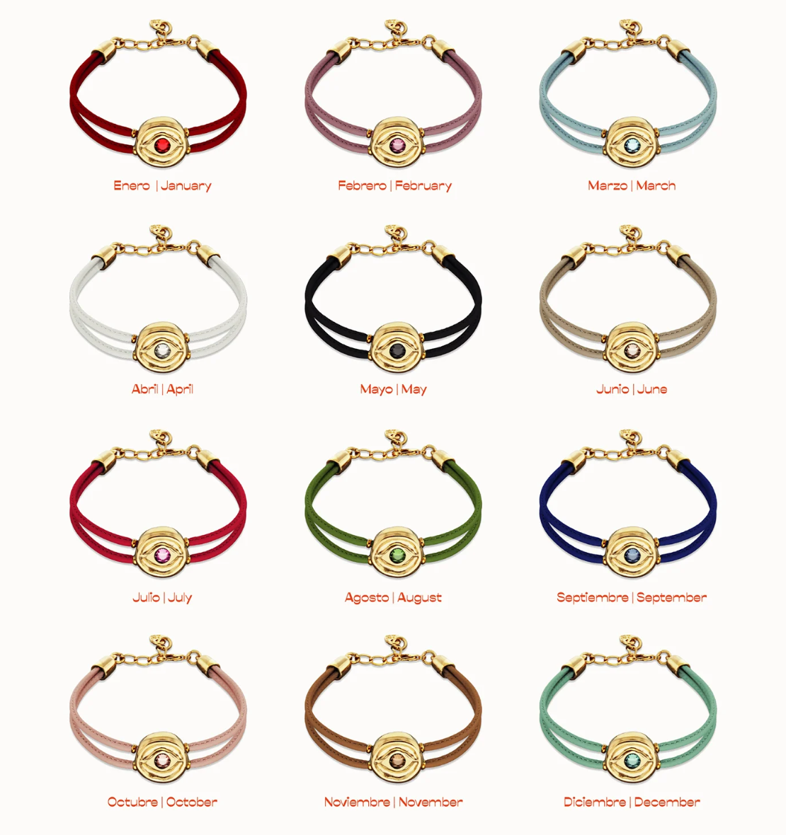Pulsera doble de cuero rojo con ojo bañado en oro 18k