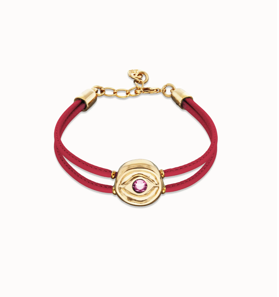 Pulsera doble de cuero fucsia con ojo bañado en oro 18k