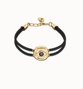 Pulsera doble de cuero negro con ojo bañado en oro 18k