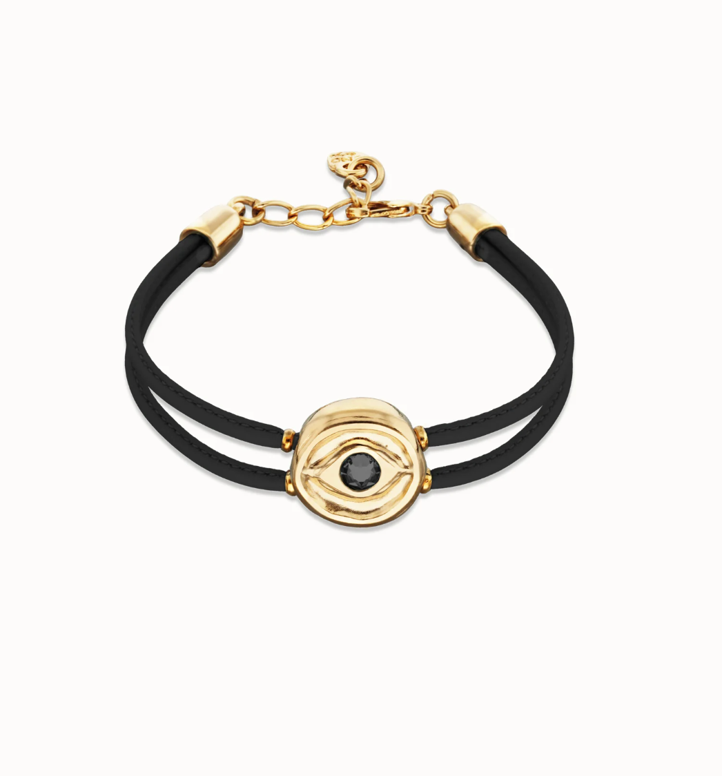 Pulsera doble de cuero negro con ojo bañado en oro 18k