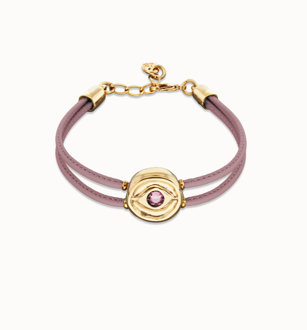 Pulsera doble de cuero lila con ojo bañado en oro 18k