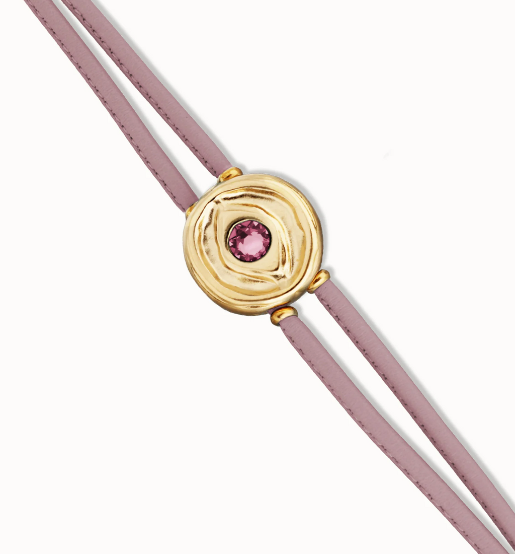 Pulsera doble de cuero lila con ojo bañado en oro 18k