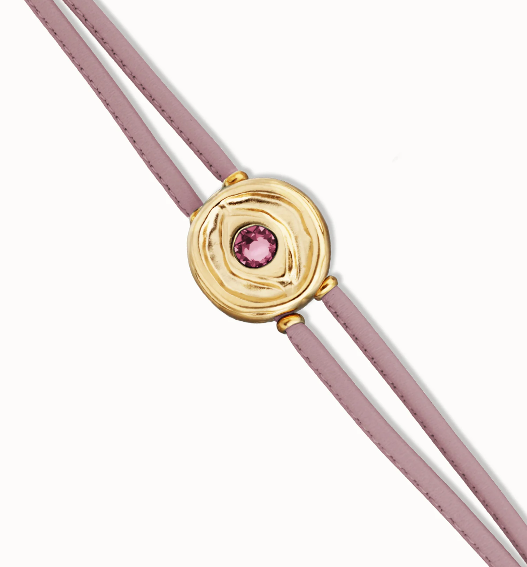 Pulsera doble de cuero lila con ojo bañado en oro 18k