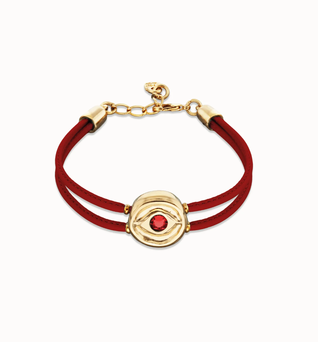 Pulsera doble de cuero rojo con ojo bañado en oro 18k