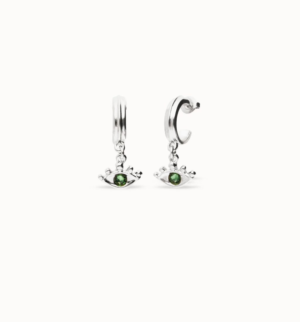 Pendientes de aro bañados en plata de ley con forma ojo y cristal facetado verde