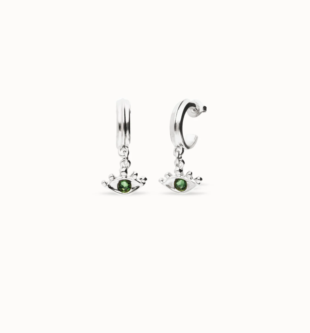 Pendientes de aro bañados en plata de ley con forma ojo y cristal facetado verde