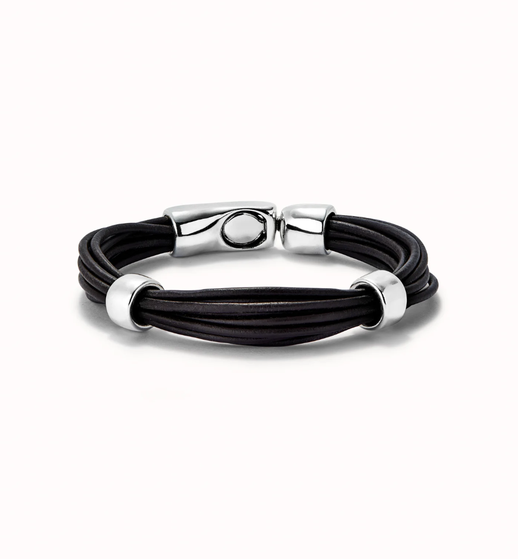 Pulsera cuero con 2 circunferencias bañadas en plata de ley