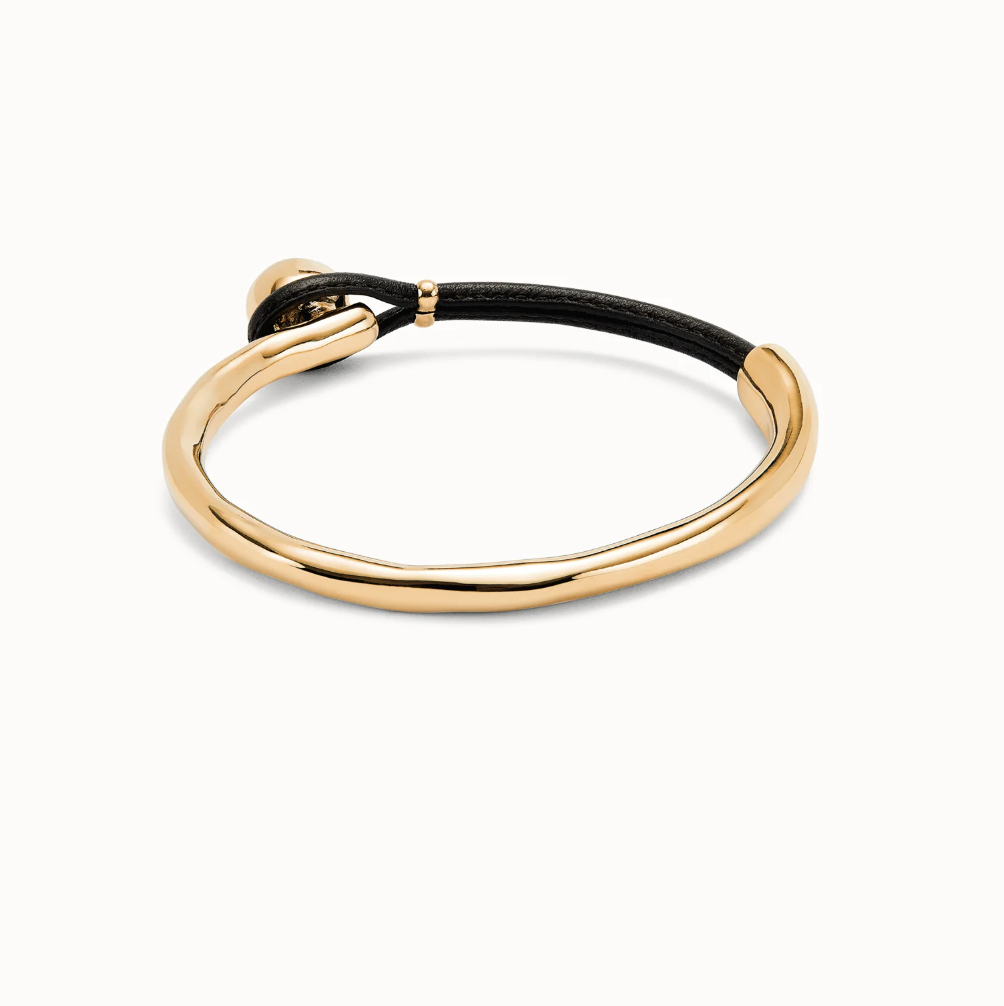 Pulsera semirígida bañada en oro 18k con cuero de color marrón PUL2551MROORO