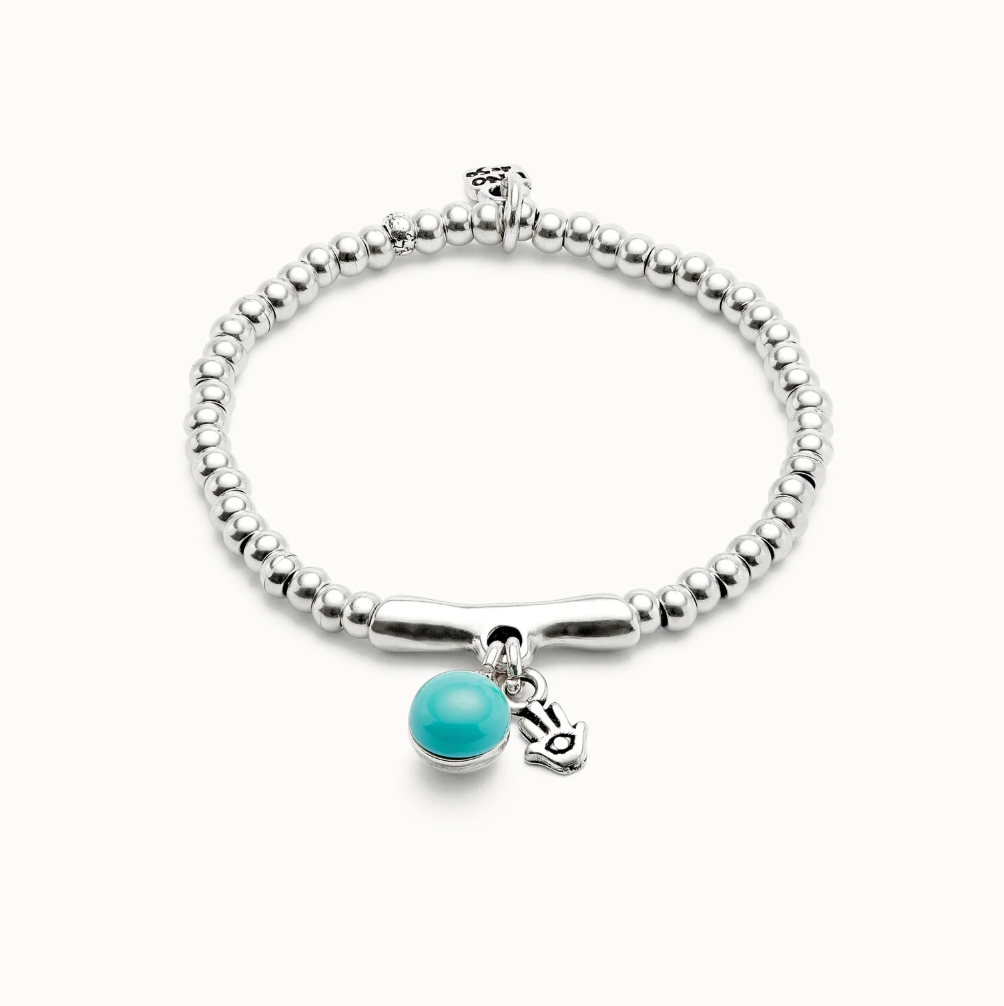 Pulsera de bolas bañadas en plata de ley con cristal de murano y mano de fátima PUL2534