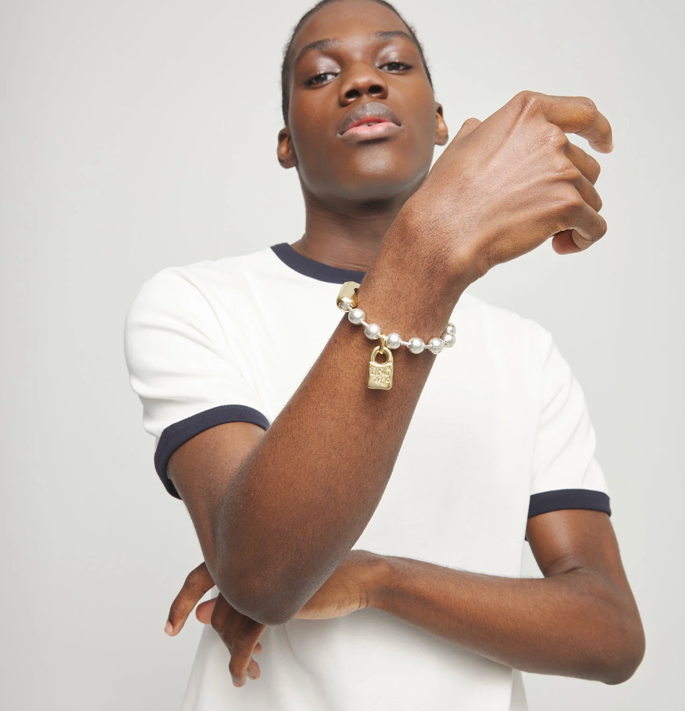 Pulsera de bolas bañada en plata con cierre y candado bañado en oro 18k PUL1215OROMTL0M