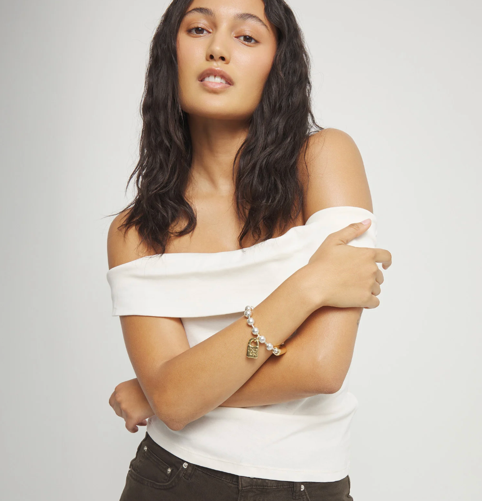 Pulsera de bolas bañada en plata con cierre y candado bañado en oro 18k PUL1215OROMTL0M