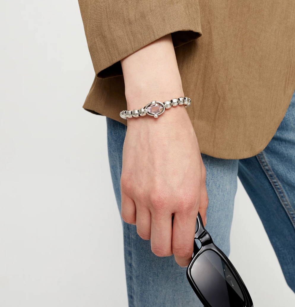 Pulsera de bolas bañada en plata con cristal facetado ovalado rosa PUL2595RSA