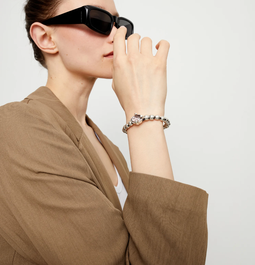 Pulsera de bolas bañada en plata con cristal facetado ovalado rosa PUL2595RSA