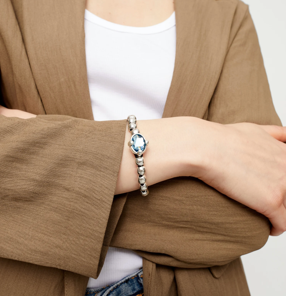 Pulsera de bolas bañada en plata con cristal facetado ovalado azul PUL2595AZU