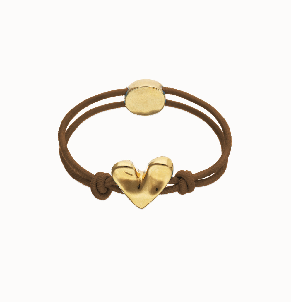 Pulsera de hilo elástico marrón con corazón bañado en oro 18k PUL2641MARORO