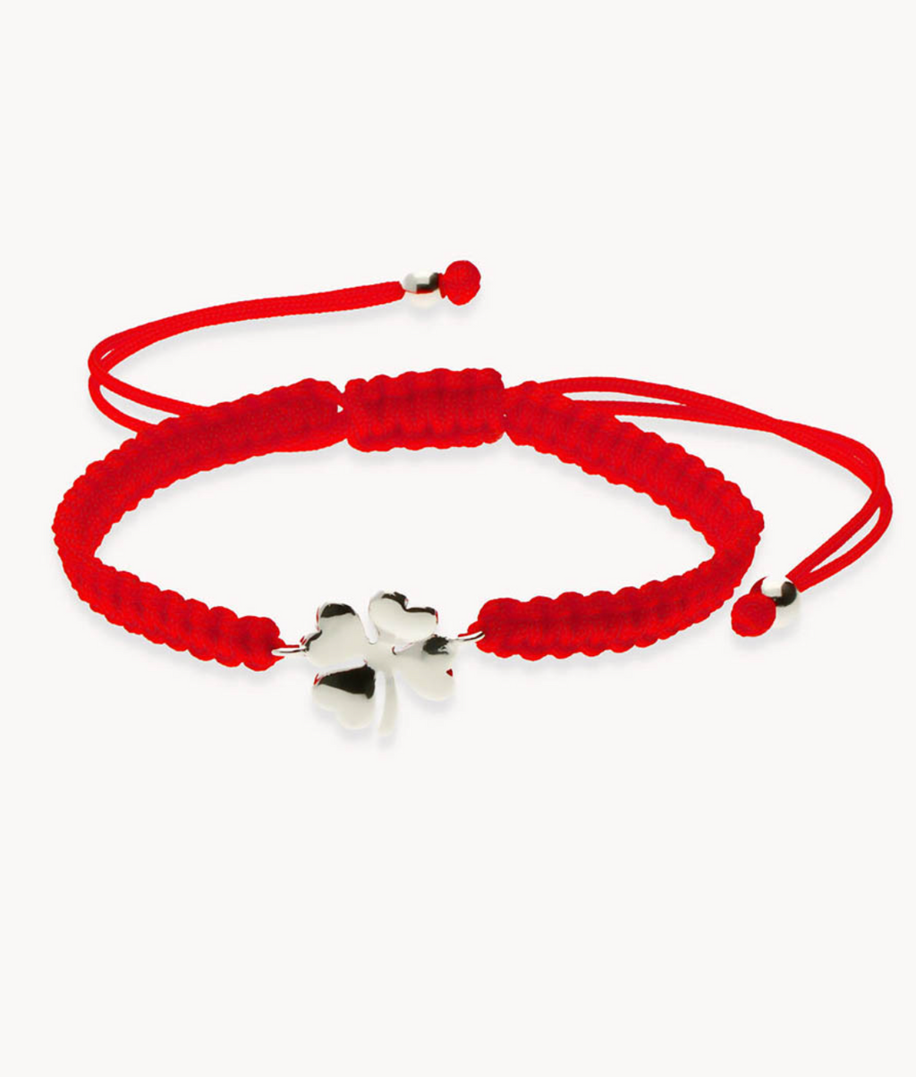 Pulsera trébol macramé rojo de plata de ley 925 bañada en rodio 01-2025