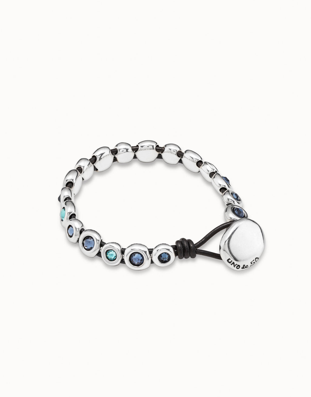 Pulsera PUL2038AZUMTL0M de cuero marrón bañada en plata de ley y cristales azules TALLA M