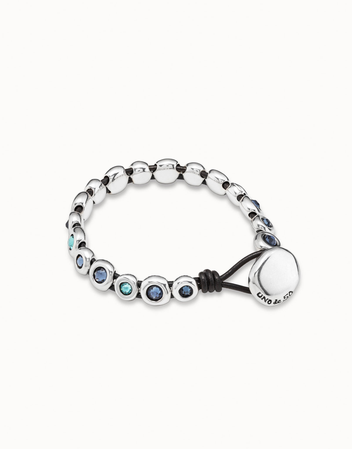 Pulsera PUL2038AZUMTL0M de cuero marrón bañada en plata de ley y cristales azules TALLA M