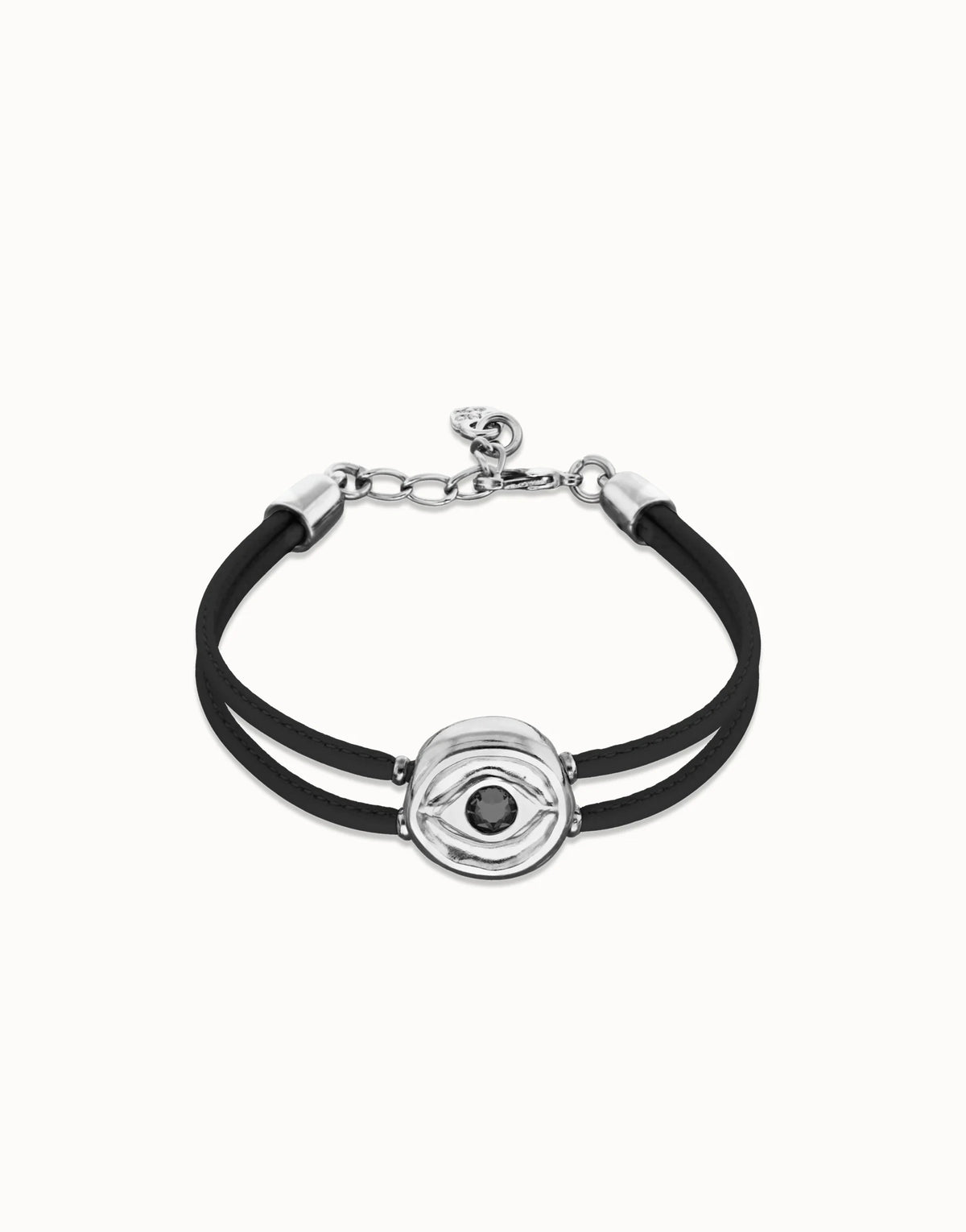 Pulsera PUL2601NGRMTL0M doble de cuero negro con ojo bañado en plata de ley TALLA M