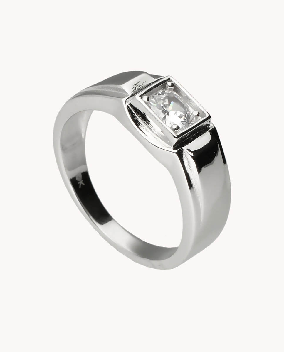 Anillo sello circonita garra de plata de ley 925 bañada en rodio. 06-4071