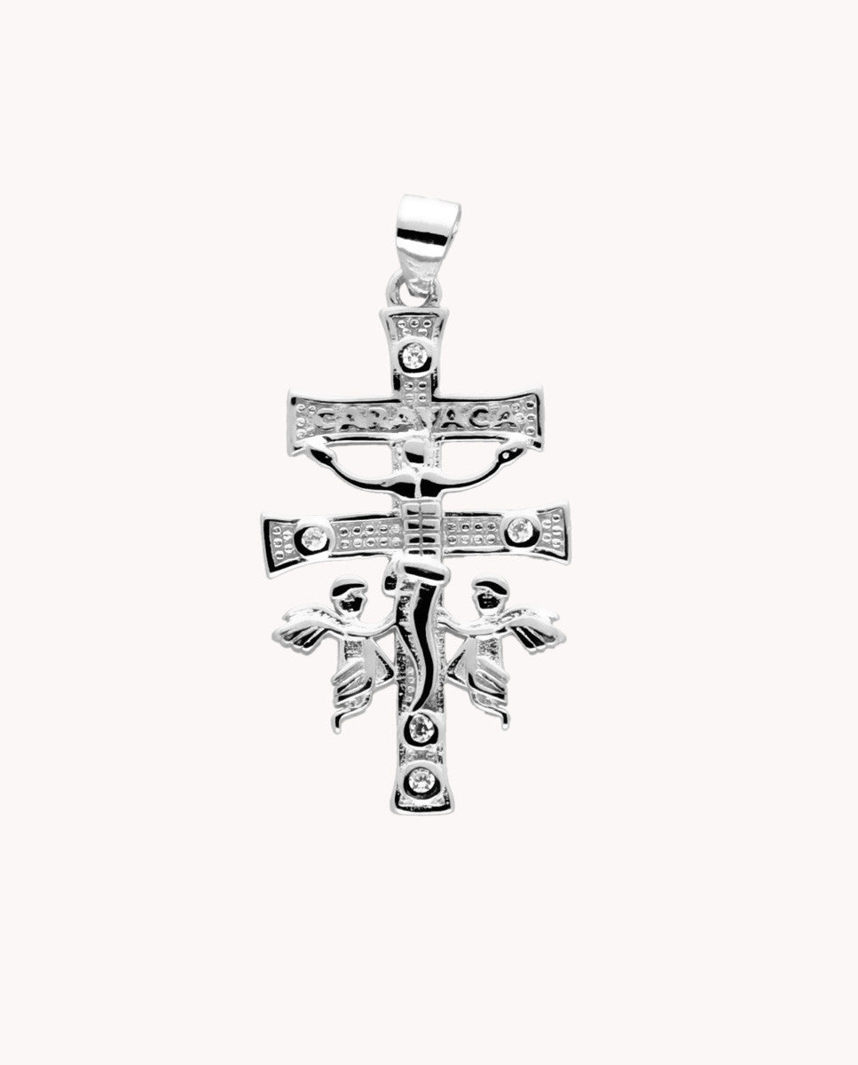 Colgante cruz de caravaca 25 mm de plata de ley 925 bañada en rodio.  06-6112