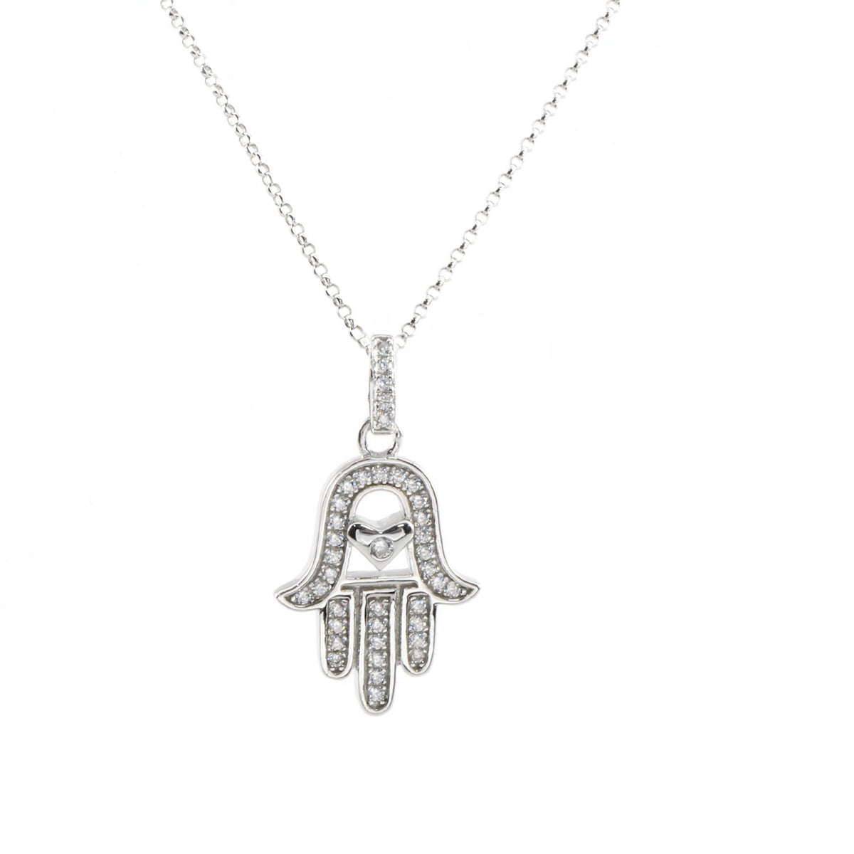 Colgante de plata de ley 925 bañada en rodio con corazón y mano de fátima con circonitas 27-6087