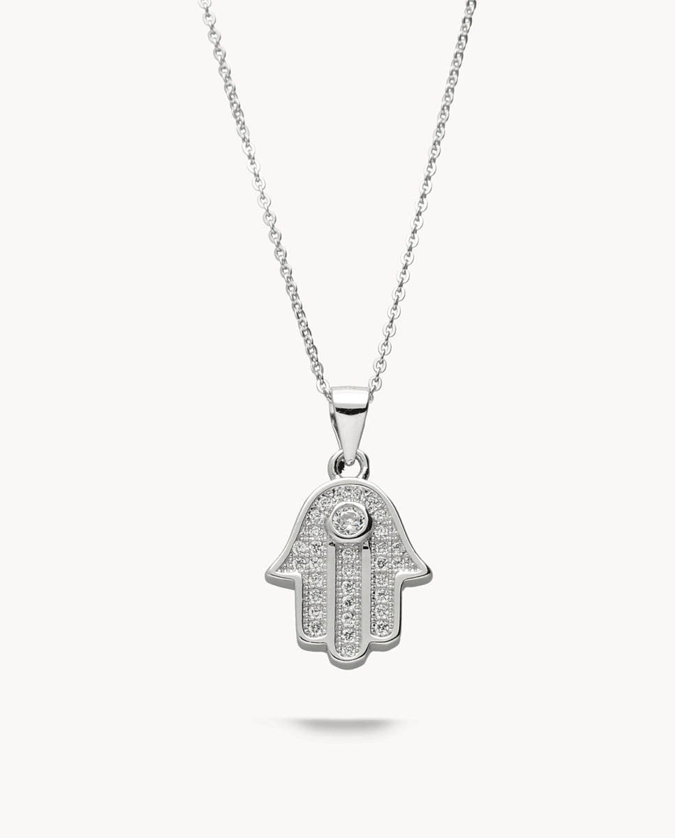 Colgante mano de fátima brillante de plata de ley 925 bañada en rodio 92-6097