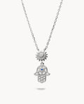 Collar mano de fátima y sol de plata de ley 925 bañada en rodio 42-8053
