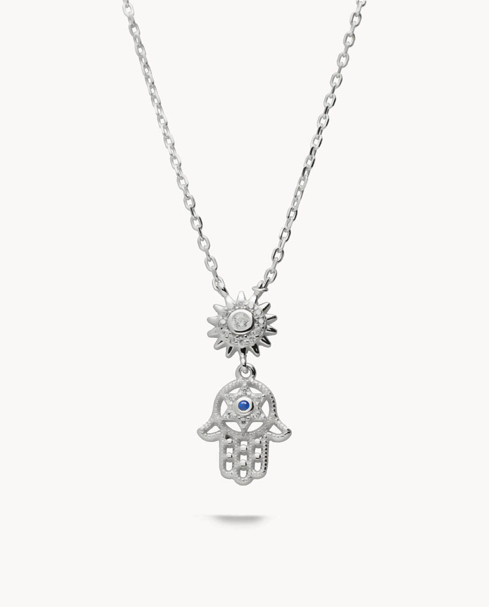 Collar mano de fátima y sol de plata de ley 925 bañada en rodio 42-8053
