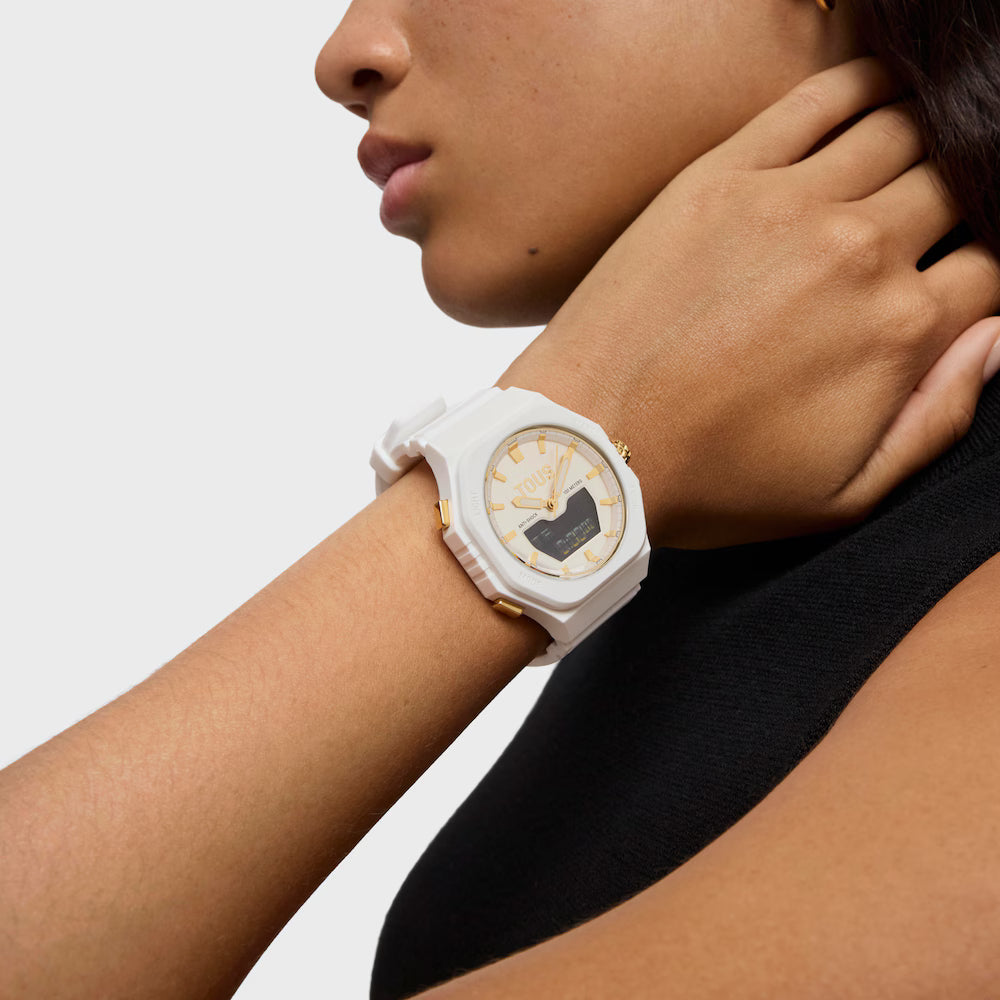 Reloj Tous analógico/digital de acero IPG dorado con brazalete de nylon blanco