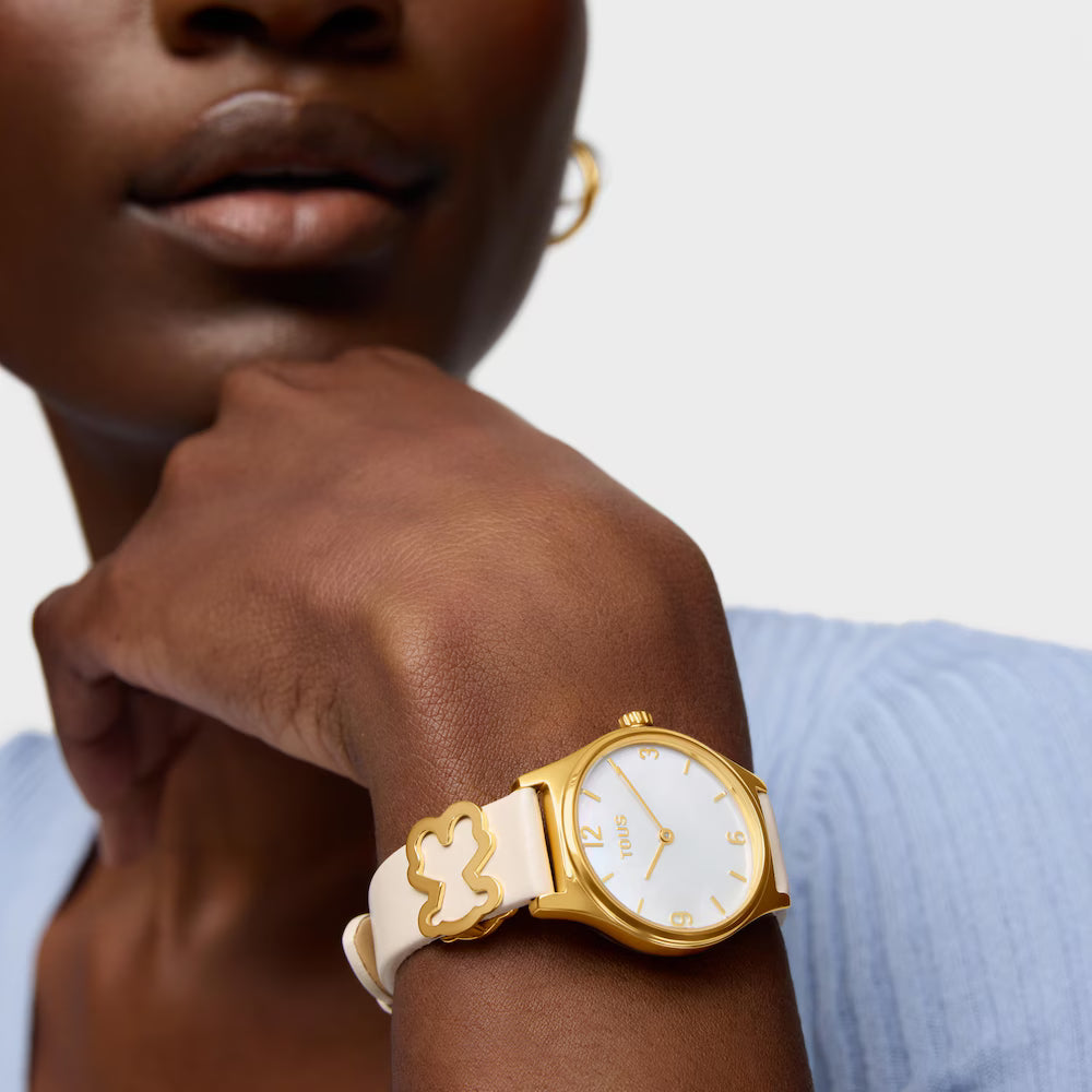 Reloj Tous analógico con brazalete de piel blanca, acero dorado y esfera de nácar Epic Icon