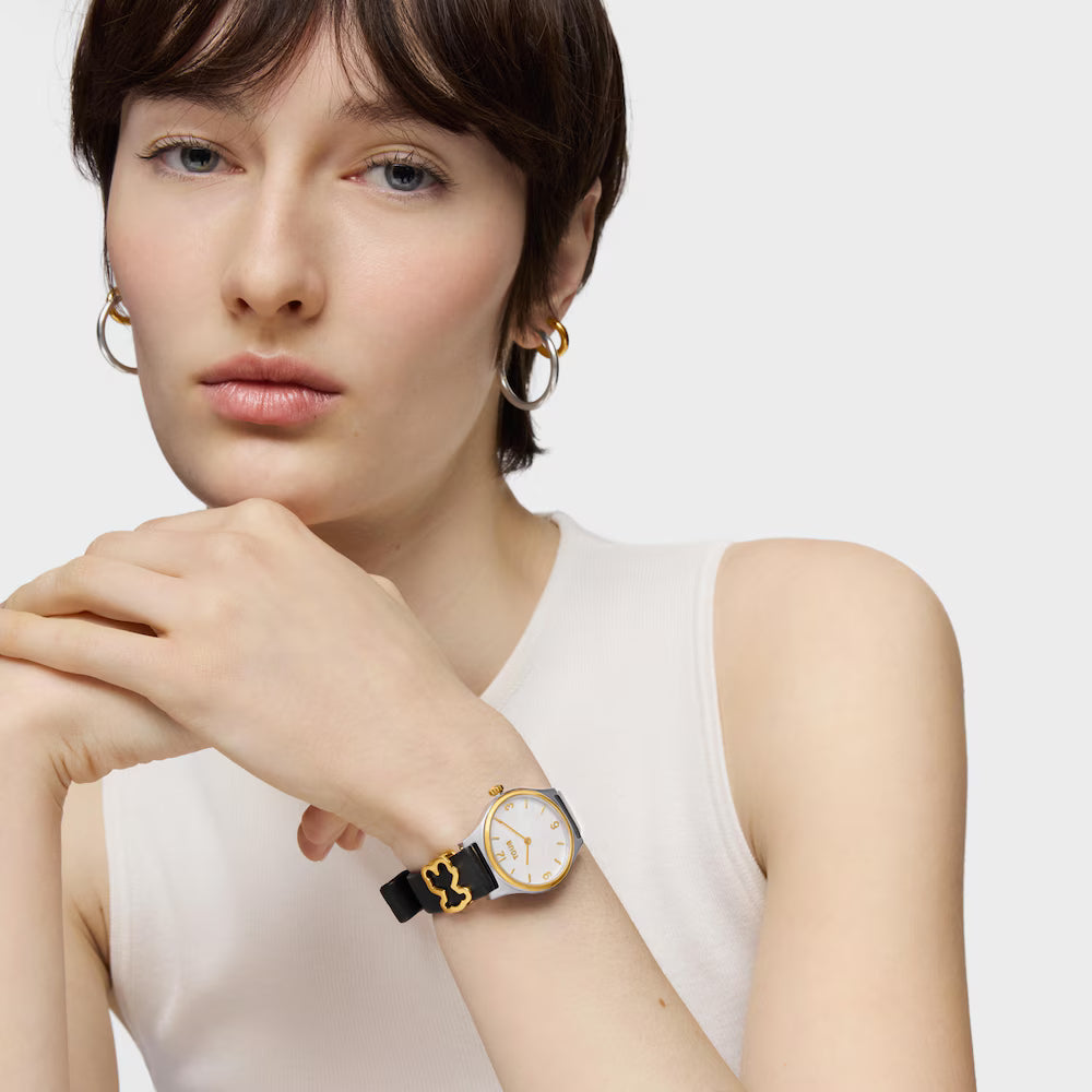 Reloj Tous analógico con brazalete de piel negra, acero dorado y esfera de nácar Epic Icon